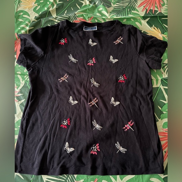Karen Scott Tops - Karen Scott Embellished Jewels Dragonfly Butterfly Black Top 1X